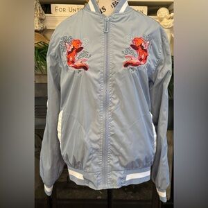 Soul Star Orange Embroidered Koi Fish Satin Bomber Jacket Mens Medium Light Blue